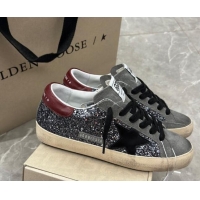 Grade Quality Golden Goose Super-Star Sneakers in silver glitter with black suede star and burgundy tab 905070