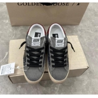 Grade Quality Golden Goose Super-Star Sneakers in silver glitter with black suede star and burgundy tab 905070