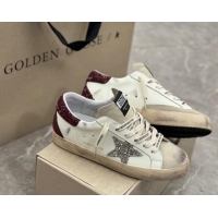 Luxury Cheap Golden Goose Super-Star Sneakers in white leather with silver glitter star and burgundy heel 009057