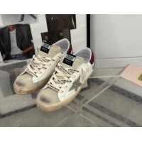 Luxury Cheap Golden Goose Super-Star Sneakers in white leather with silver glitter star and burgundy heel 009057