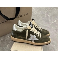 Buy Luxury Golden Goose Ball Star Sneakers in khaki green suede with silver star and leather heel tab 009059