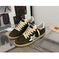 Buy Luxury Golden Goose Ball Star Sneakers in khaki green suede with silver star and leather heel tab 009059