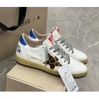 Perfect Golden Goose Ball Star Sneakers in white leather with leopard-print star and blue heel 009062