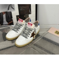 Perfect Golden Goose Ball Star Sneakers in white leather with leopard-print star and blue heel 009062