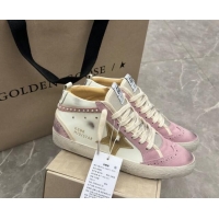 Crafted Golden Goose Mid Star Sneakers in white leather and pink suede with pearls 009066