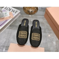 Grade Miu Miu Raffia-effect Woven Flat Mules with Embroidered Logo Black 507038