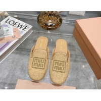 Top Quality Miu Miu Raffia-effect Woven Flat Mules with Embroidered Logo Beige 507039