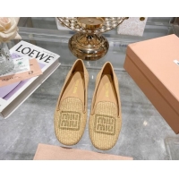 Best Price Miu Miu Raffia-effect Woven Flat Loafers with Embroidered Logo Beig 507040