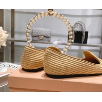 Best Price Miu Miu Raffia-effect Woven Flat Loafers with Embroidered Logo Beig 507040