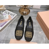 Good Product Miu Miu Raffia-effect Woven Flat Loafers with Embroidered Logo Black 507041