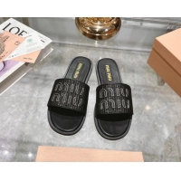 Perfect Miu Miu Raffia-effect Woven Flat Slide Sandals with Embroidered Logo Black 507042