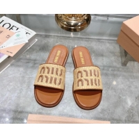 Good Quality Miu Miu Raffia-effect Woven Flat Slide Sandals with Embroidered Logo Brown 507043