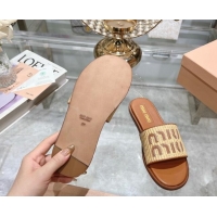 Good Quality Miu Miu Raffia-effect Woven Flat Slide Sandals with Embroidered Logo Brown 507043