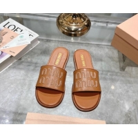 Low Price Miu Miu Leather Flat Slide Sandals with Embroidered Logo Brown 507044