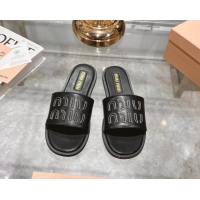 Good Product Miu Miu Leather Flat Slide Sandals with Embroidered Logo Black 507045