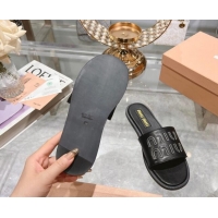 Good Product Miu Miu Leather Flat Slide Sandals with Embroidered Logo Black 507045