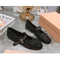 Perfect Miu Miu Embossed Leather Ballerinas Flat with Strap Buckle and Bow Black 507050