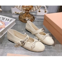 Low Price Miu Miu Leather Ballerinas Flat with Strap Buckle and Bow White 507052