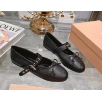 Grade Quality Miu Miu Leather Ballerinas Flat with Strap Buckle and Bow Black 507053 