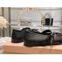 Grade Quality Miu Miu Leather Ballerinas Flat with Strap Buckle and Bow Black 507053 