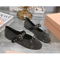 Good Quality Miu Miu Strass Ballerinas Flat with Strap Buckle and Bow Black 507054