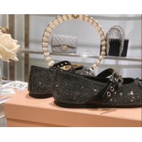 Good Quality Miu Miu Strass Ballerinas Flat with Strap Buckle and Bow Black 507054