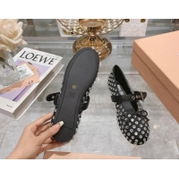 Stylish Miu Miu Leather Ballerinas Flat with Strap Buckle and Strass Black 507055