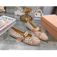 Sumptuous Miu Miu Leather Ballerinas Flat with Strap Buckle and Strass Beige 507056