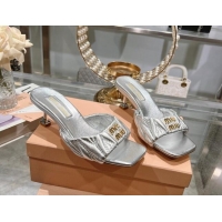 Top Grade Miu Miu Matelasse Leather Heel Slide Sandals 5.5cm Silver 0507061