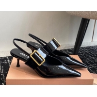 Top Design Miu Miu Patent Leather Slingback Pumps 5.5cm with Buckle Black 507073