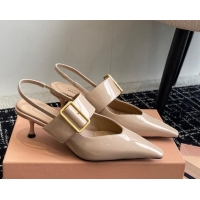 Cheap Price Miu Miu Patent Leather Slingback Pumps 5.5cm with Buckle Beige 507075