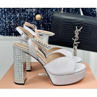 Buy Luxury Miu Miu Satin Platform Sandals 11cm with Strass Light Grey 507078