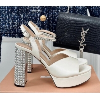 Luxury Discount Miu Miu Satin Platform Sandals 11cm with Strass White 507079