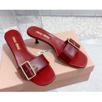 Grade Quality Miu Miu Shiny Calfskin Heel Slide Sandals 5.5cm with Buckle Burgundy 611015