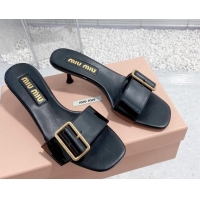 Good Looking Miu Miu Shiny Calfskin Heel Slide Sandals 5.5cm with Buckle Black 611016