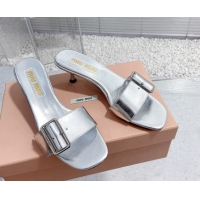 Popular Style Miu Miu Shiny Calfskin Heel Slide Sandals 5.5cm with Buckle Silver 611017