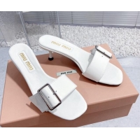 Trendy Design Miu Miu Shiny Calfskin Heel Slide Sandals 5.5cm with Buckle White 611018