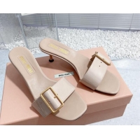 Sophisticated Miu Miu Shiny Calfskin Heel Slide Sandals 5.5cm with Buckle Nude 611019