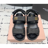 Classic Hot Miu Miu Raffia-effect Woven Platform Strap Sandals Black 611026