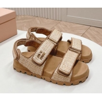 Shop Duplicate Miu Miu Raffia-effect Woven Platform Strap Sandals Brown 611027