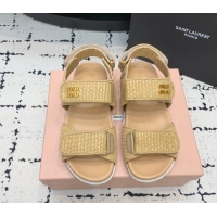 Pretty Style Miu Miu Raffia-effect Woven Platform Strap Sandals Beige 611028