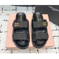 Purchase Miu Miu Raffia-effect Woven Platform Strap Slides Sandal Black 611029