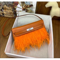 Discount Hermes Kelly Elan Bag in Chevre Chamkila Leather and Ostrich Feather H1506 Orange/Silver 2024(Full Handmade)