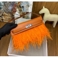 Discount Hermes Kelly Elan Bag in Chevre Chamkila Leather and Ostrich Feather H1506 Orange/Silver 2024(Full Handmade)