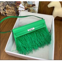 Shop Grade Hermes Kelly Elan Bag in Chèvre Chamkila Leather and Ostrich Feather H1506 Green/Silver 2024(Full Handmade)