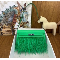 Shop Grade Hermes Kelly Elan Bag in Chèvre Chamkila Leather and Ostrich Feather H1506 Green/Silver 2024(Full Handmade)