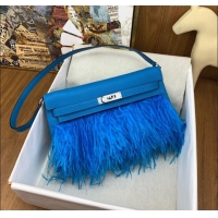 Top Design Hermes Kelly Elan Bag in Chevre Chamkila Leather and Ostrich Feather H1506 Blue/Silver 2024(Full Handmade)