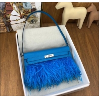 Top Design Hermes Kelly Elan Bag in Chevre Chamkila Leather and Ostrich Feather H1506 Blue/Silver 2024(Full Handmade)