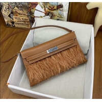 Promotional Hermes Kelly Elan Bag in Chevre Chamkila Leather and Ostrich Feather H1506 Brown/Silver 2024(Full Handmade)