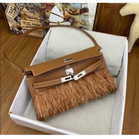 Promotional Hermes Kelly Elan Bag in Chevre Chamkila Leather and Ostrich Feather H1506 Brown/Silver 2024(Full Handmade)